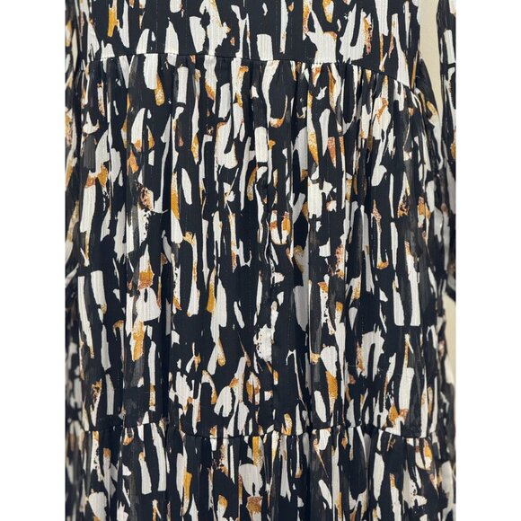 Abstract Print M/L Long Sleeve Maxi Dress Boho Tiered Chiffon Black Gold White - Picture 8 of 14
